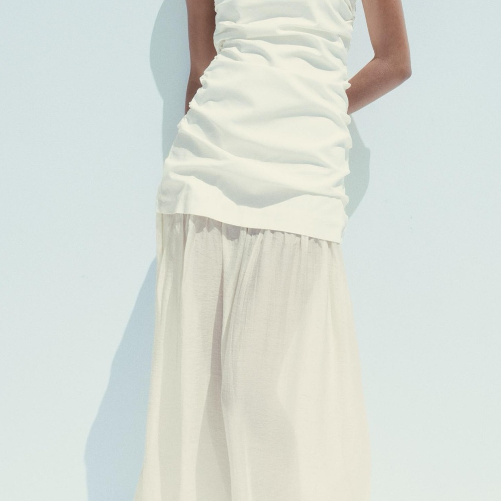 Zara Cream Ruched Strapless Gown - Picture 2 of 5